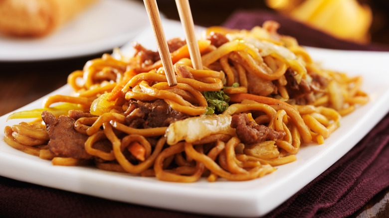 Lo mein with chopsticks