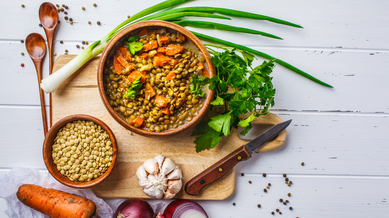 vegan lentil soup in bowl
