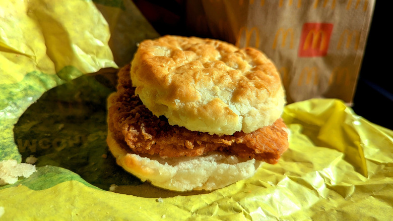 A McDonald's Chicken Biscuit is seen on its wrapper