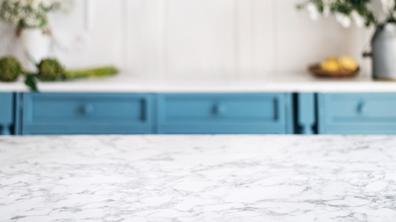 Marble counter in farmhouse kitchen