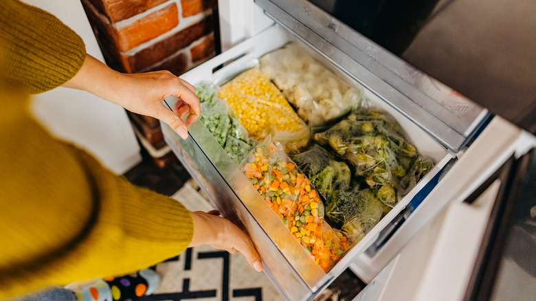 person taking food out of freezer drawer