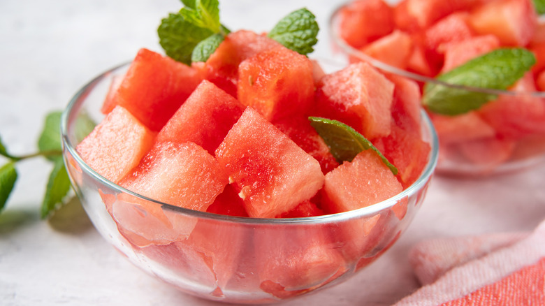 Cubed watermelon with mint
