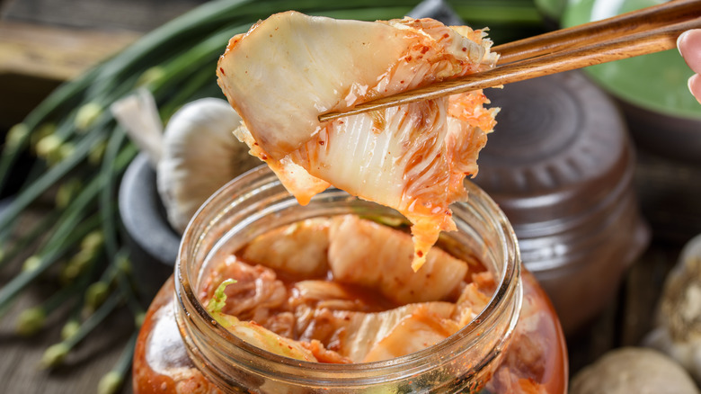 Chopsticks grabbing kimchi from a jar