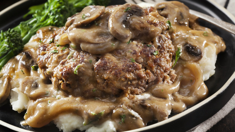 Salisbury steak and mashed potatoes with mushroom gravy