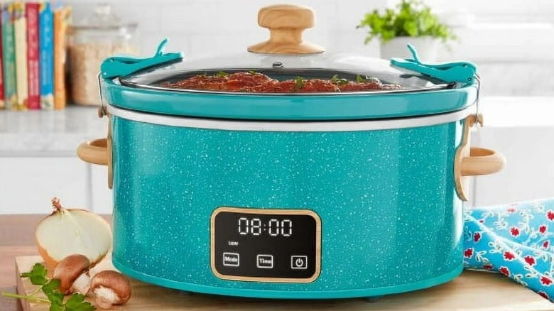 Blue Pioneer Woman slow cooker in kitchen