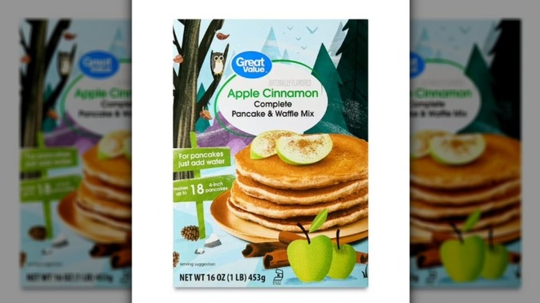 A box of Great Value Apple Cinnamon Complete Pancake and Waffle Mix