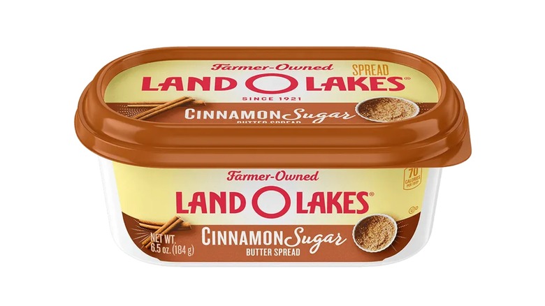 A container of Land O Lakes Cinnamon Sugar Butter Spread
