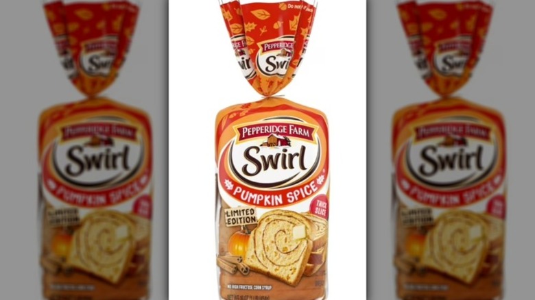 A loaf of Pepperidge Farm Swirl Pumpkin Spice Breakfast Bread
