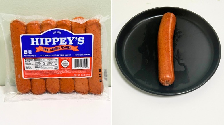 Side-by-side photos of Hippey's chili cheese franks packaging (left) and a heated frank on a black plate (right)