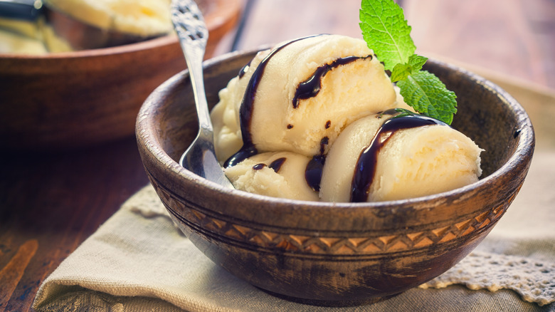 Vanilla ice cream with chocolate syrup and mint