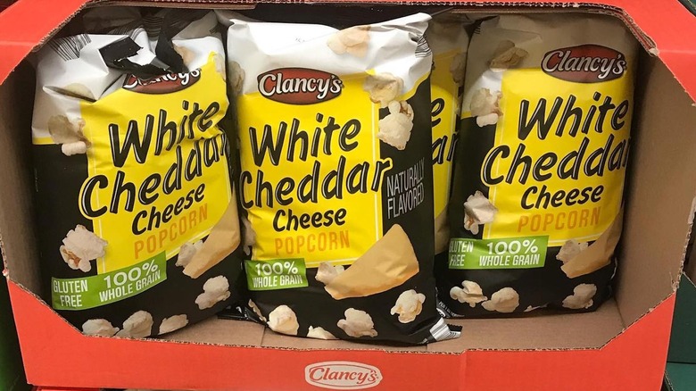 Clancy's white cheddar popcorn on shelf