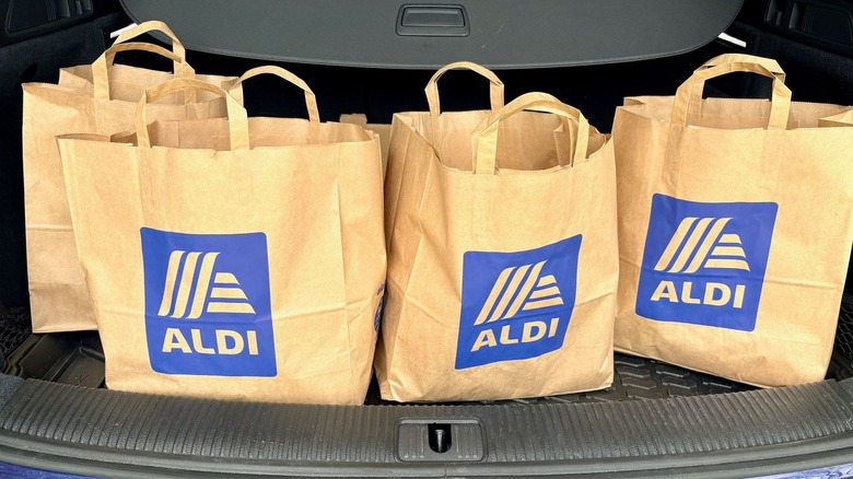 Paper Aldi bags in the back of a car