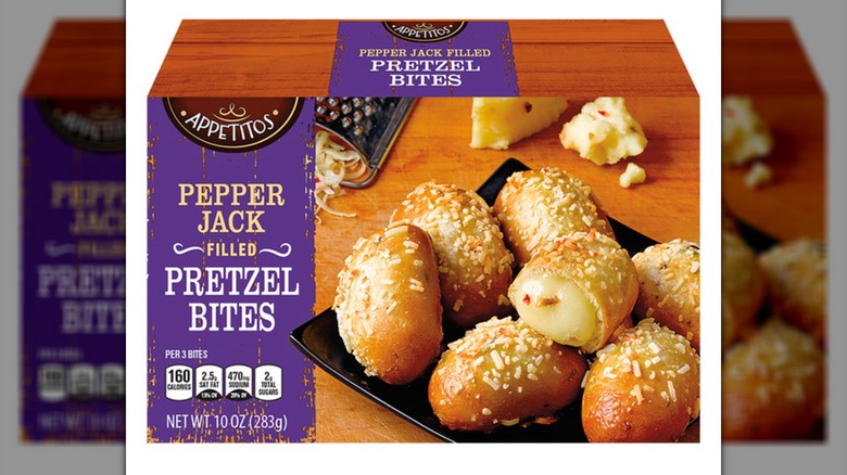 A box of Appetitos Pepper Jack Filled Pretzel Bites on a white background