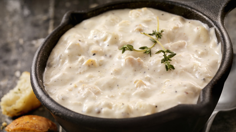 Clam chowder in castiron bowl