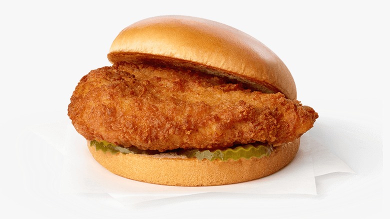 An Original Chick-fil-A Chicken Sandwich on a napkin on a white background