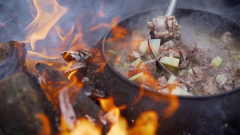 A pot of stew with meat cooks over an open fire.