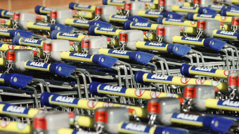 Rows of Aldi shopping carts