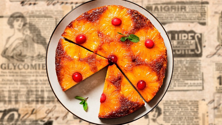 Pineapple upside-down cake on newspaper