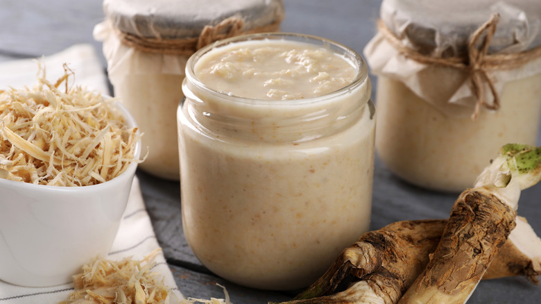 Jars of Horseradish with shaved roots