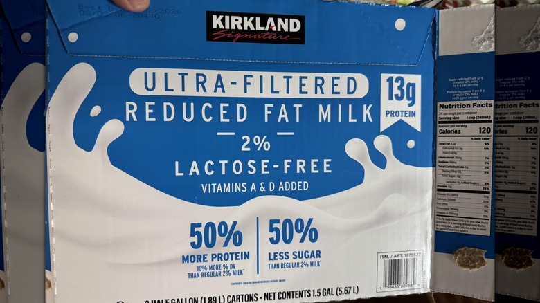 A box of Kirkland Signature Ultra-Filtered Reduced Fat Milk
