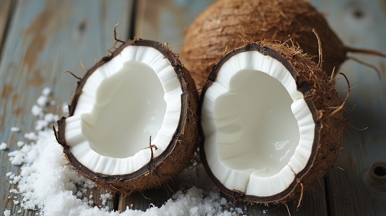 Halved coconuts on a wooden table