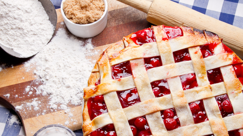 A cherry pie with flour and brown sugar
