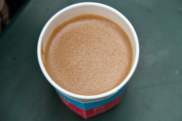 Shake Shack&apos;s salted peanut butter hot chocolate in Madison Square Park, New York City.
