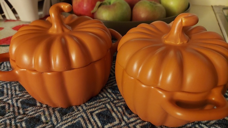 Close-up of mini Crofton pumpkin bowls in orange