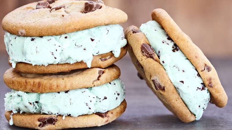 Chocolate chip ice cream cookie sandwich with mint chocolate chip ice cream