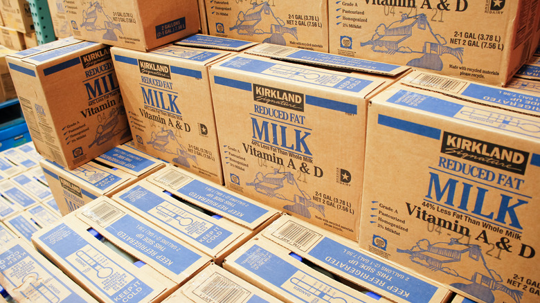 boxes of Kirkland Signature milk 