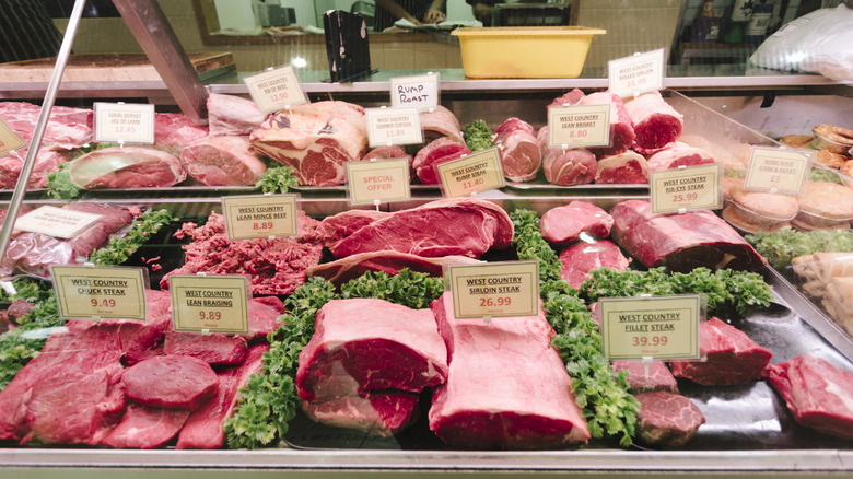 Various kinds of meats in a butcher counter