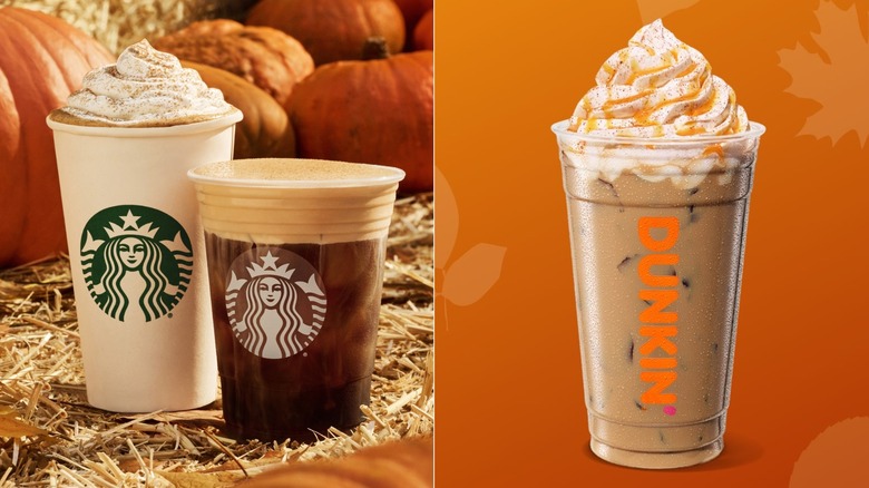 Side-by-side photos of pumpkin spice coffee drinks from Starbucks and Dunkin'