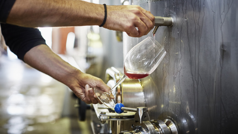 man filling wine glass from filtration machine