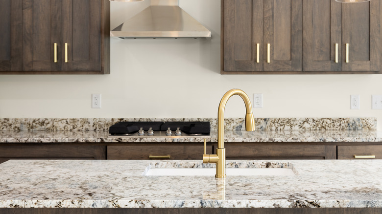 Modern kitchen with white and brown granite countertops