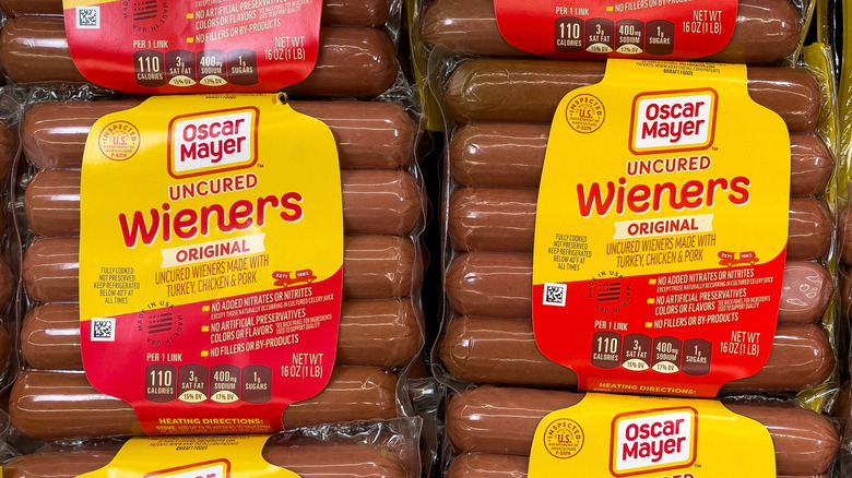 Close up of Oscar Mayer Uncured Wieners packages on store shelf