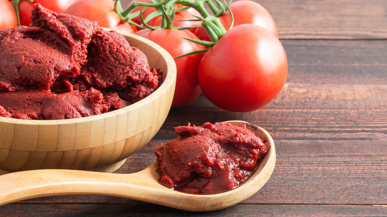 Tomato paste on a wooden spoon and in a bowl