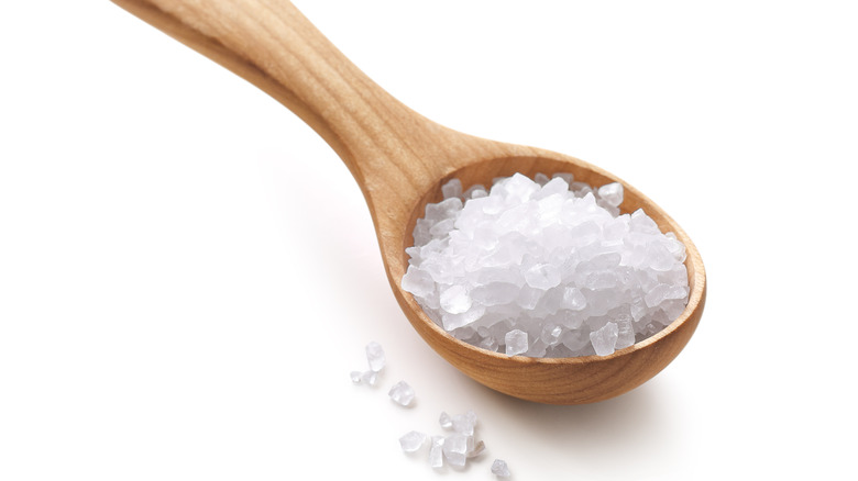 coarse salt on wooden spoon