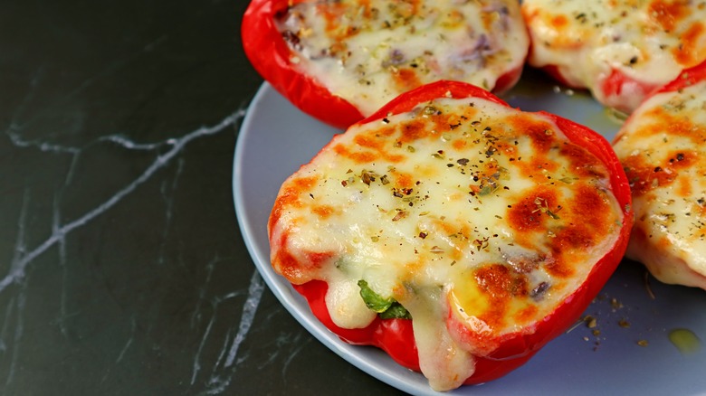 Closeup of cheesy stuffed pepper