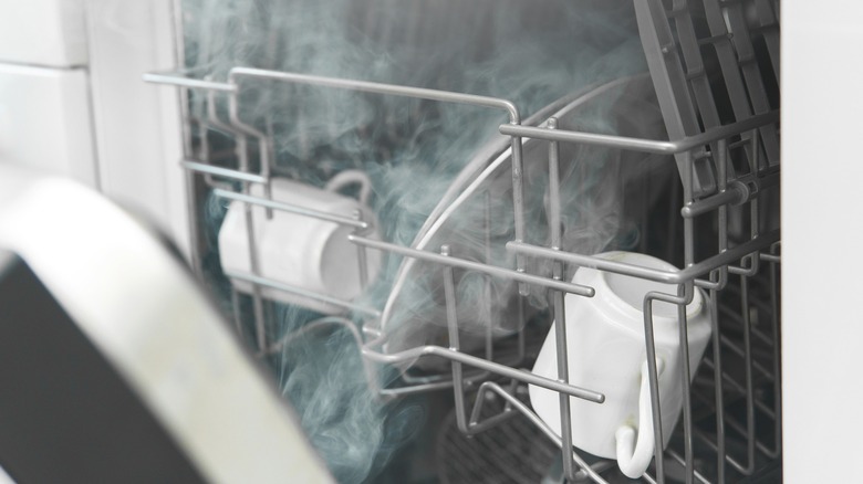 Close-up of an open dishwasher containing steam and dishes