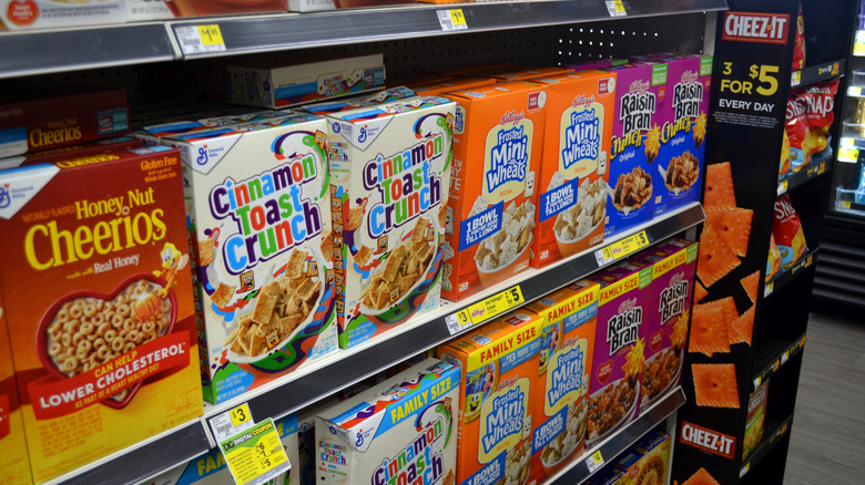 Cereal boxes on a shelf in a dollar store
