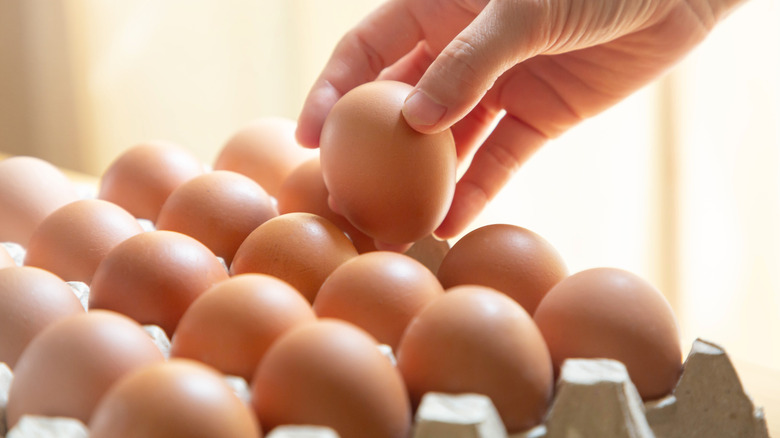 Hand picking up eggs