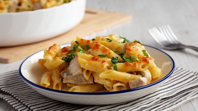Baked chicken Alfredo in bowl