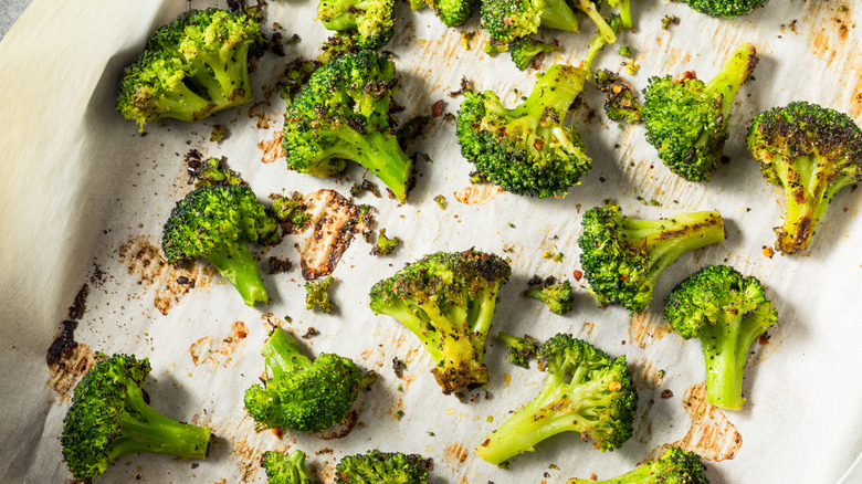 roasted broccoli on baking tray