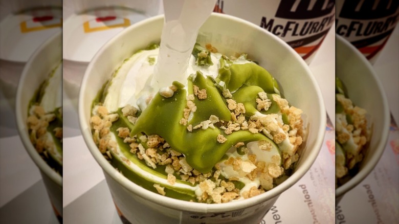 An overhead view of a matcha McFlurry