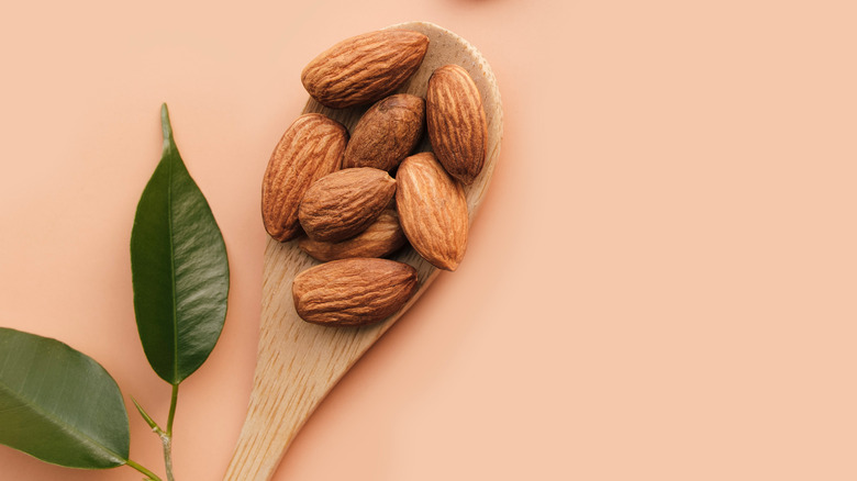 Wooden spoon with raw almonds