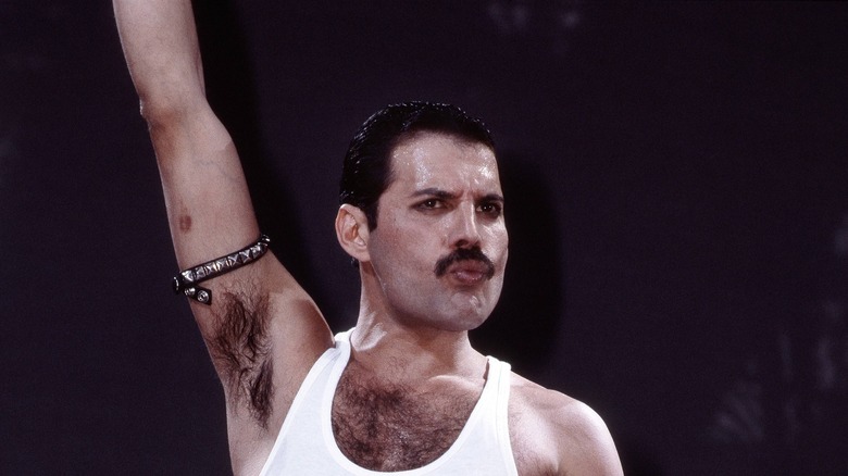 Freddie Mercury with one hand raised