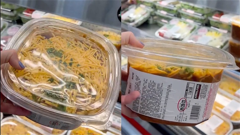 Two images of costco beef chili tub
