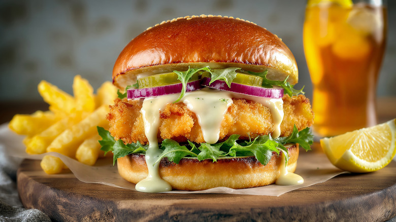 A fish burger with fries, and iced tea