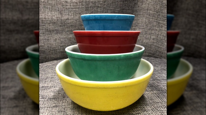 Pyrex stacked mixing bowl set in blue, red, green, and yellow