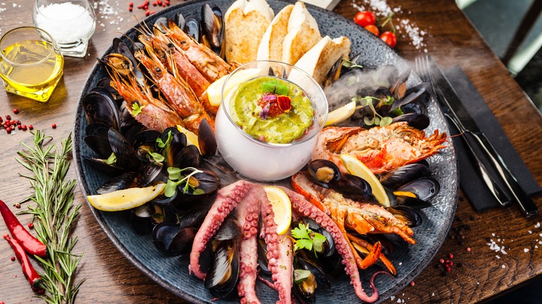 Various types of seafood on a plate